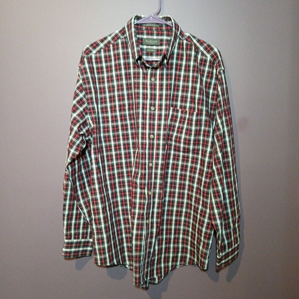 NEW Van Heusen Shirt Mens Medium Red Plaid Cotton‎ Button Down Collar